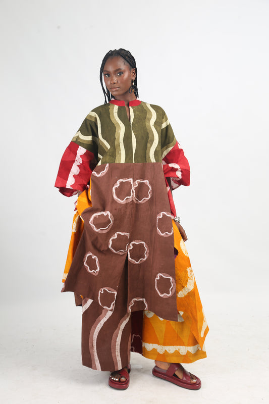 KHAKI AND GOLDEN YELLOW MULTICOLOURED SHIRT DRESS