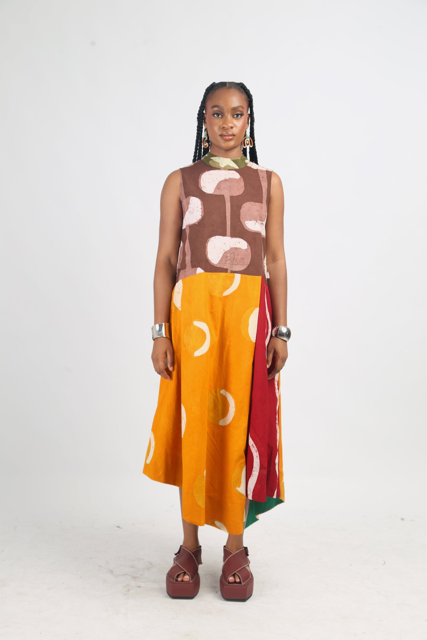 BROWN AND GOLDEN YELLOW MULTICOLOURED SLEEVELESS MIDI IRO DRESS