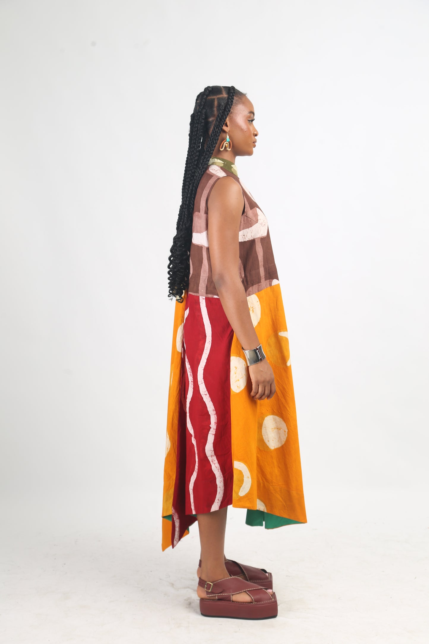 BROWN AND GOLDEN YELLOW MULTICOLOURED SLEEVELESS MIDI IRO DRESS
