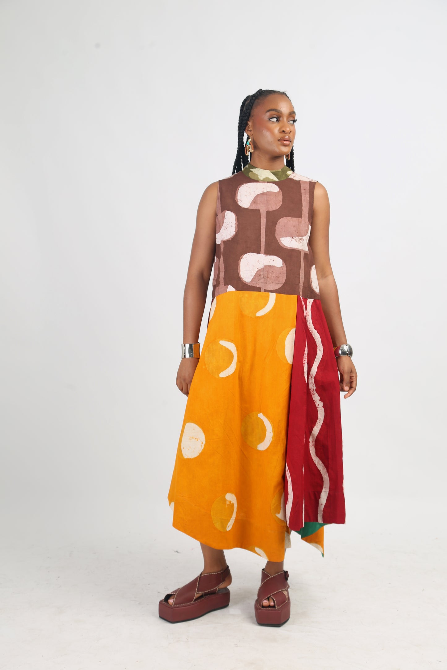 BROWN AND GOLDEN YELLOW MULTICOLOURED SLEEVELESS MIDI IRO DRESS