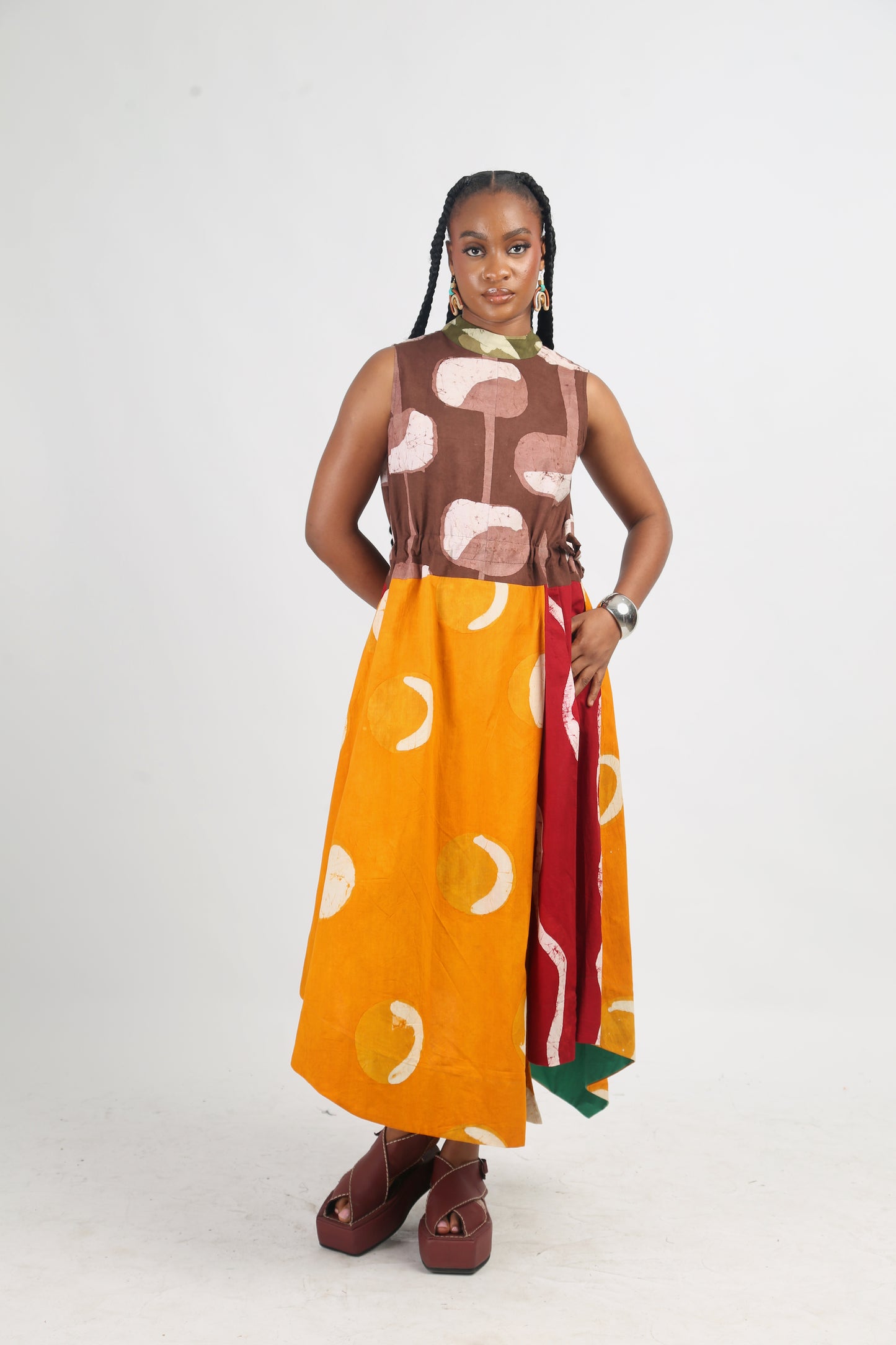 BROWN AND GOLDEN YELLOW MULTICOLOURED SLEEVELESS MIDI IRO DRESS