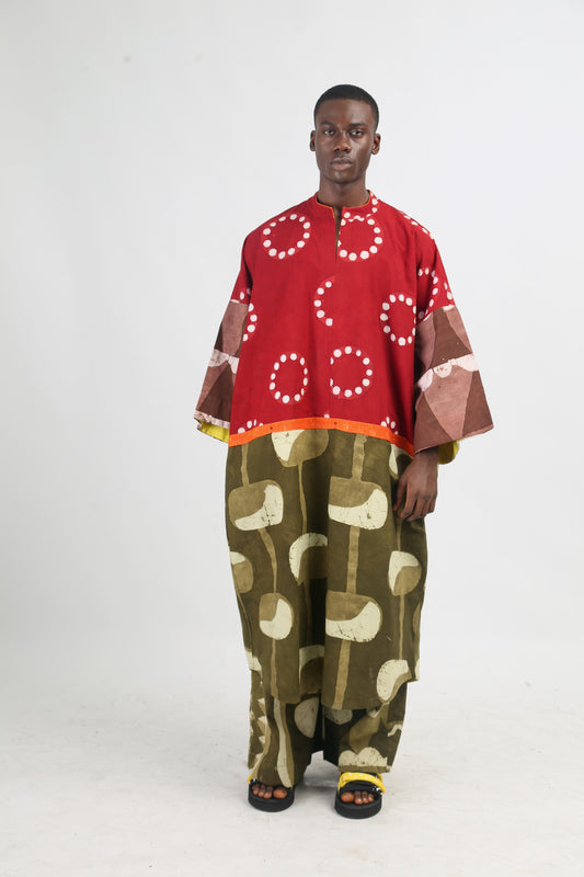 RED AND KHAKI MULTICOLOURED KAFTAN WITH ORANGE OUTLINE