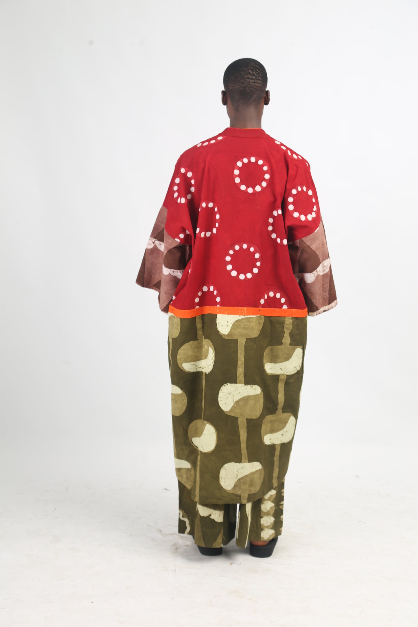 RED AND KHAKI MULTICOLOURED KAFTAN WITH ORANGE OUTLINE
