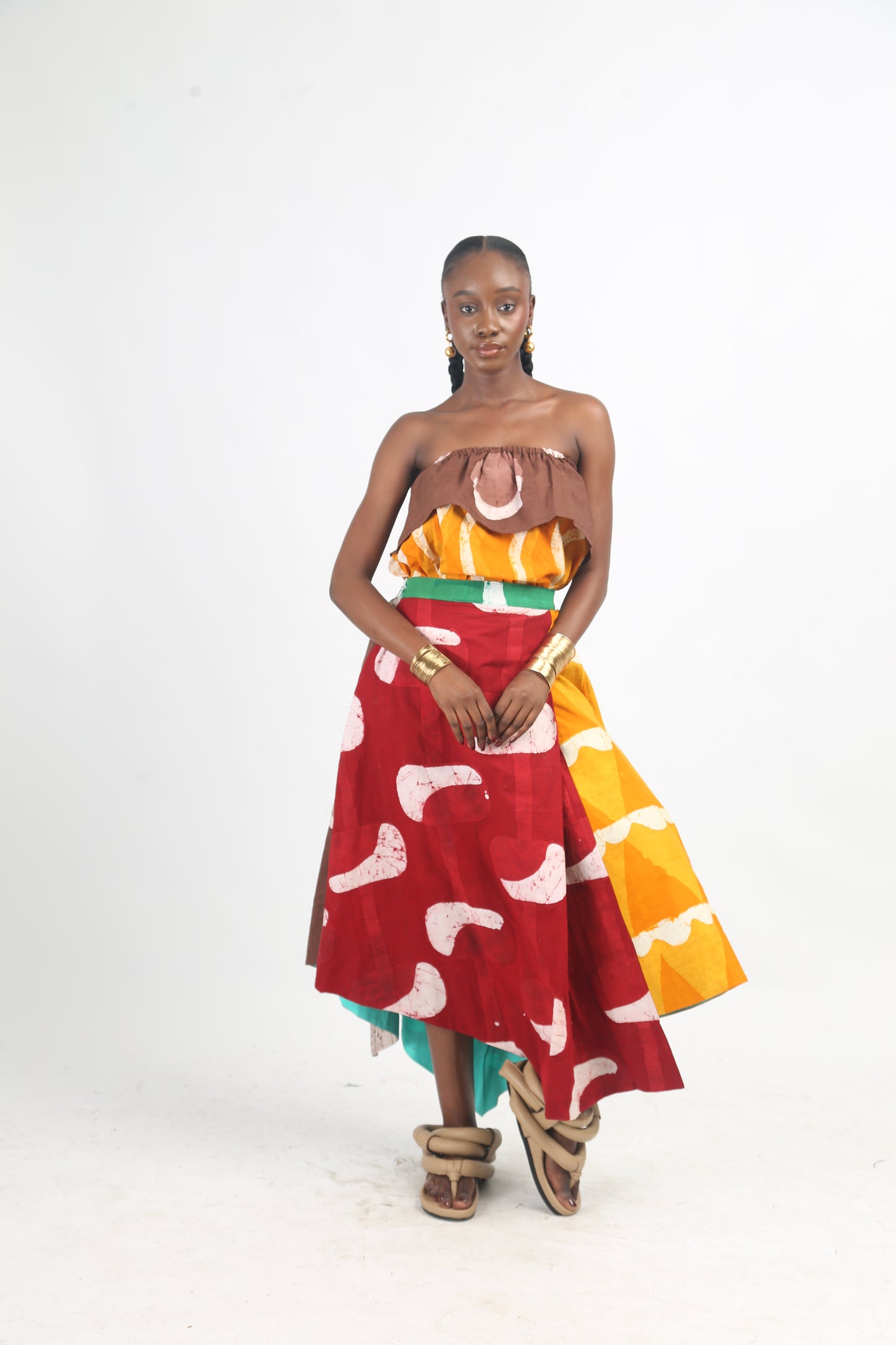 BROWN AND GOLDEN YELLOW MULTICOLOURED MIDI IRO SKIRT