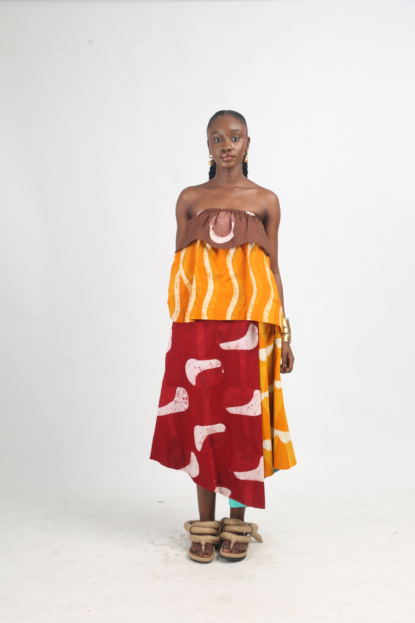 BROWN AND GOLDEN YELLOW MULTICOLOURED MIDI IRO SKIRT