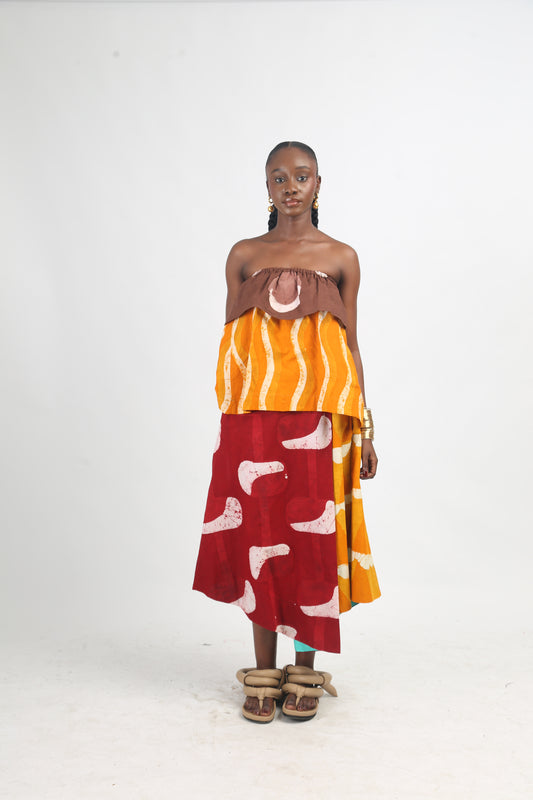 BROWN AND GOLDEN YELLOW MULTICOLOURED MIDI IRO SKIRT