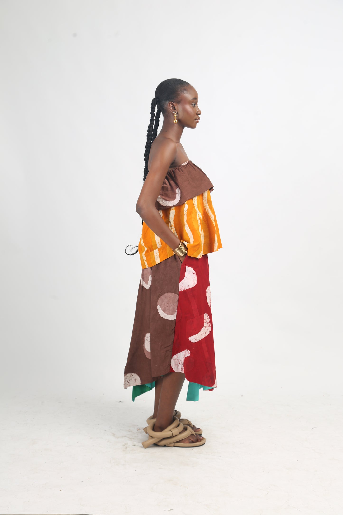 BROWN AND GOLDEN YELLOW MULTICOLOURED MIDI IRO SKIRT