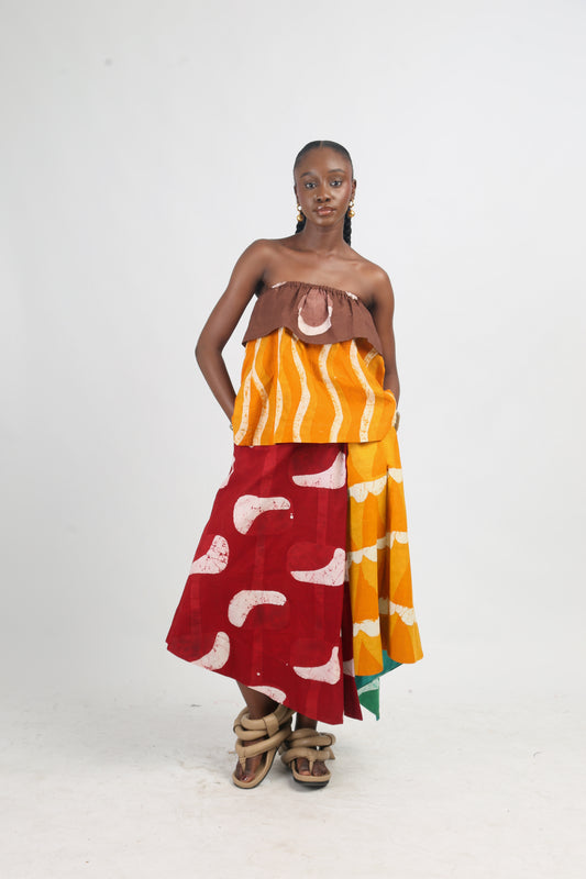 BROWN AND GOLDEN YELLOW MULTICOLOURED MIDI IRO SKIRT