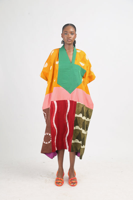WHITE AND GOLDEN YELLOW DARK MULTICOLOURED AGBADA WITH GREEN ASOOKE