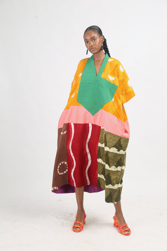 WHITE AND GOLDEN YELLOW MULTICOLOURED AGBADA WITH GREEN ASOOKE