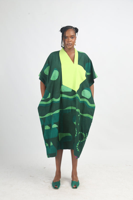 LEMON, GREEN AND OLIVE MULTIPRINT AGBADA WITH LEMON ASOOKE