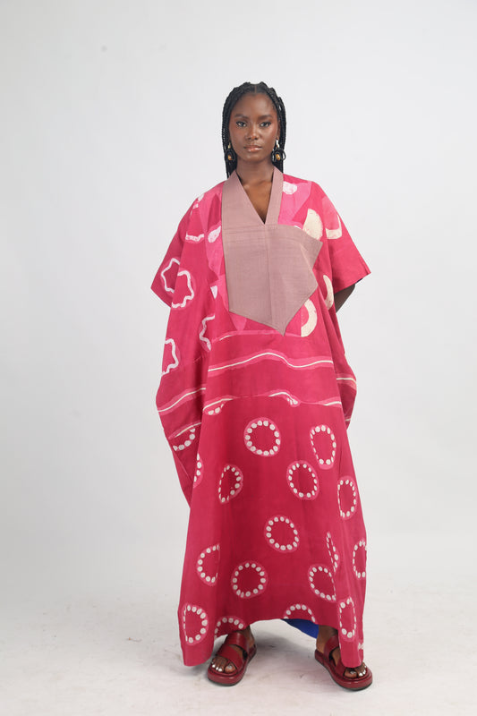 WHITE, PINK AND PINK MULTIPRINT AGBADA WITH ONION ASOOKE
