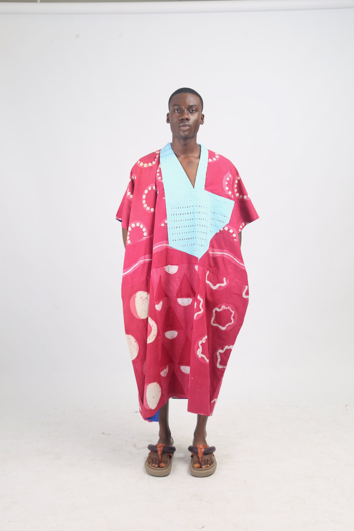 WHITE, PINK AND PINK MULTIPRINT MIDI AGBADA WITH SKY BLUE ASOOKE WITH HOLES