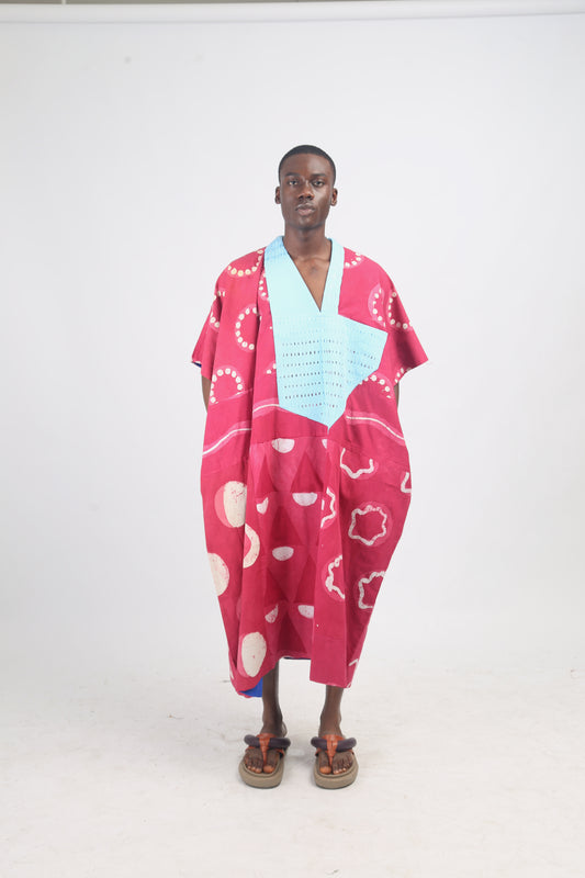WHITE, PINK AND PINK MULTIPRINT MIDI AGBADA WITH SKY BLUE ASOOKE WITH HOLES