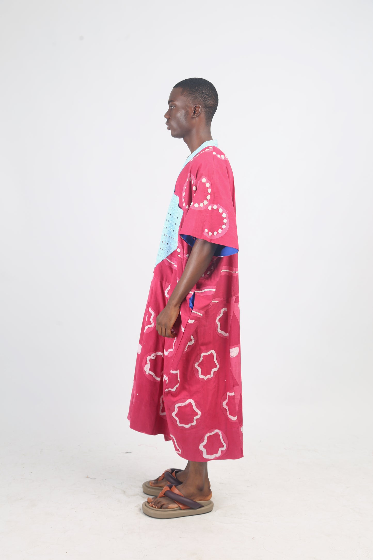WHITE, PINK AND PINK MULTIPRINT MIDI AGBADA WITH SKY BLUE ASOOKE WITH HOLES
