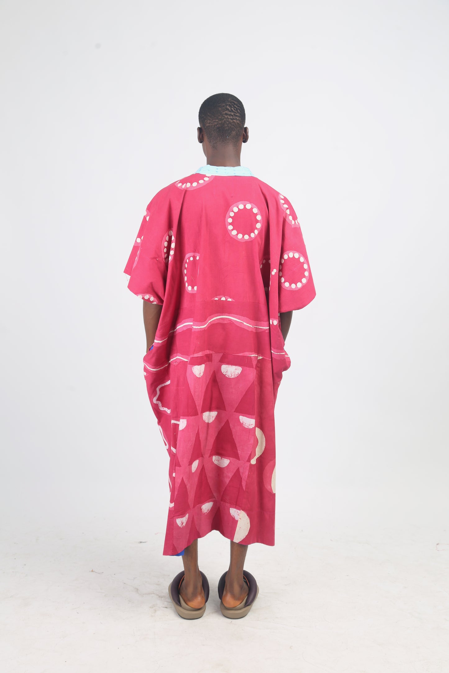 WHITE, PINK AND PINK MULTIPRINT MIDI AGBADA WITH SKY BLUE ASOOKE WITH HOLES