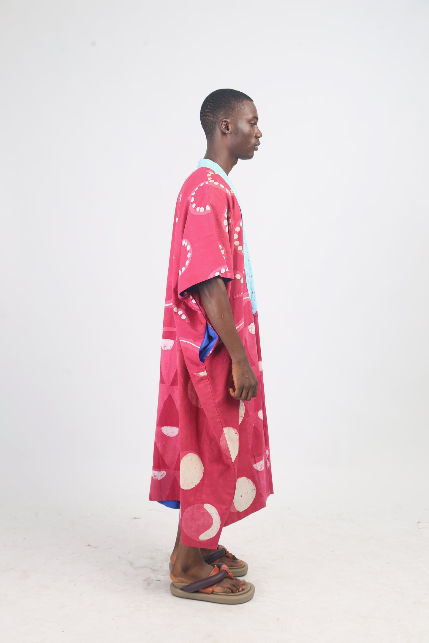 WHITE, PINK AND PINK MULTIPRINT MIDI AGBADA WITH SKY BLUE ASOOKE WITH HOLES