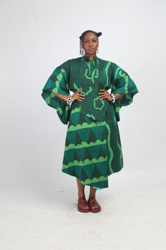 LEMON, GREEN AND OLIVE MULTIPRINT CROP TOP WITH KIMONO SLEEVES