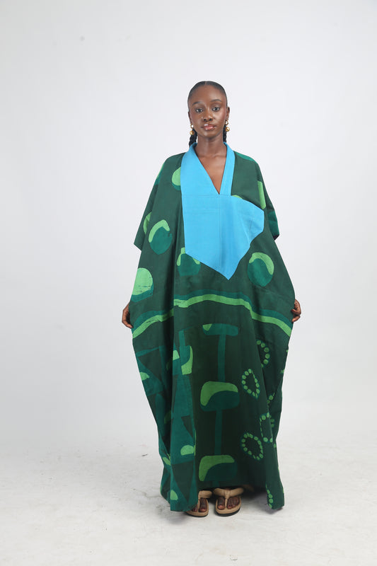 LEMON, GREEN AND OLIVE MULTIPRINT AGBADA WITH TURQUOISE ASOOKE