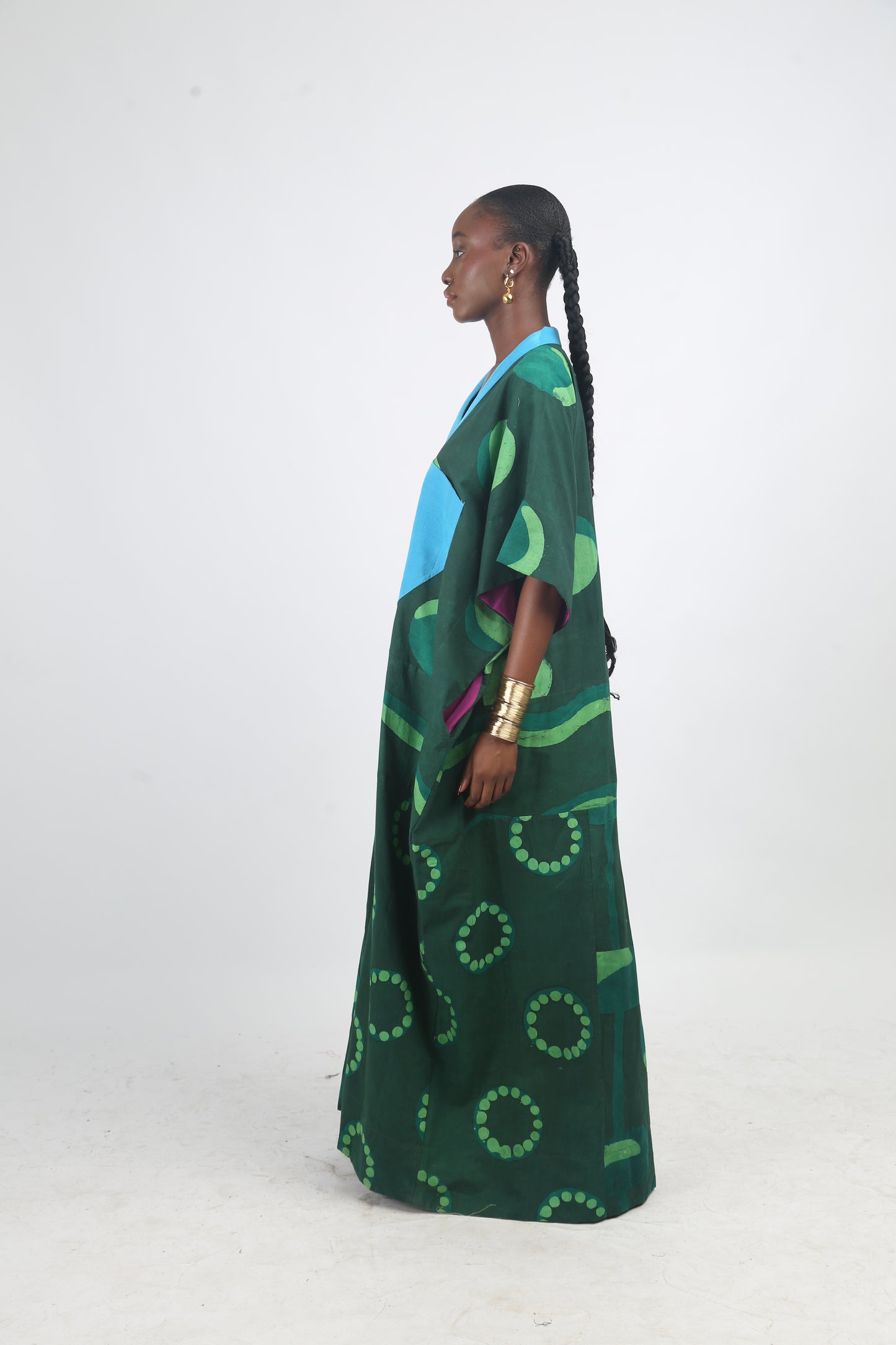 LEMON, GREEN AND OLIVE MULTIPRINT AGBADA WITH TURQUOISE ASOOKE
