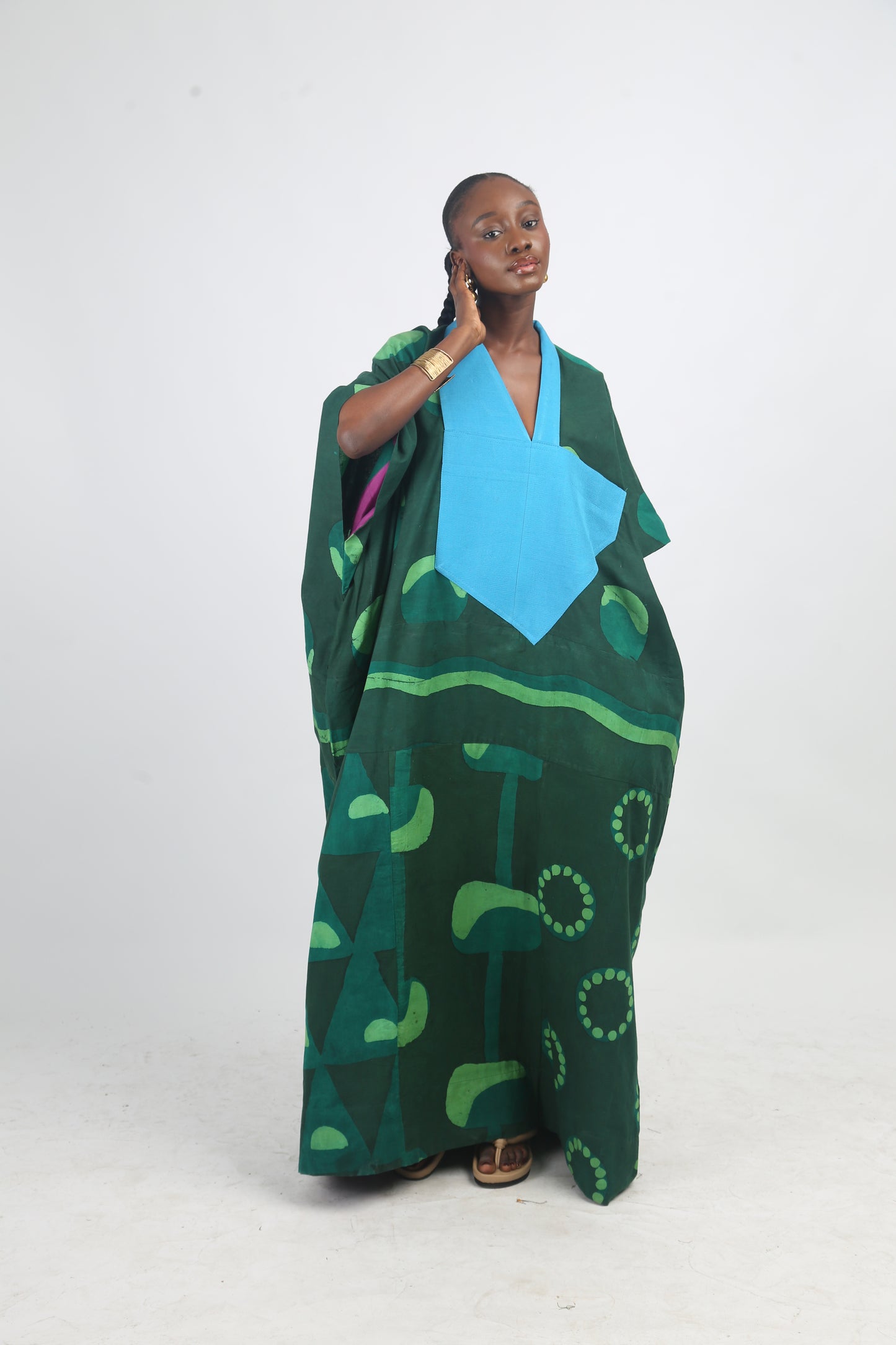 LEMON, GREEN AND OLIVE MULTIPRINT AGBADA WITH TURQUOISE ASOOKE