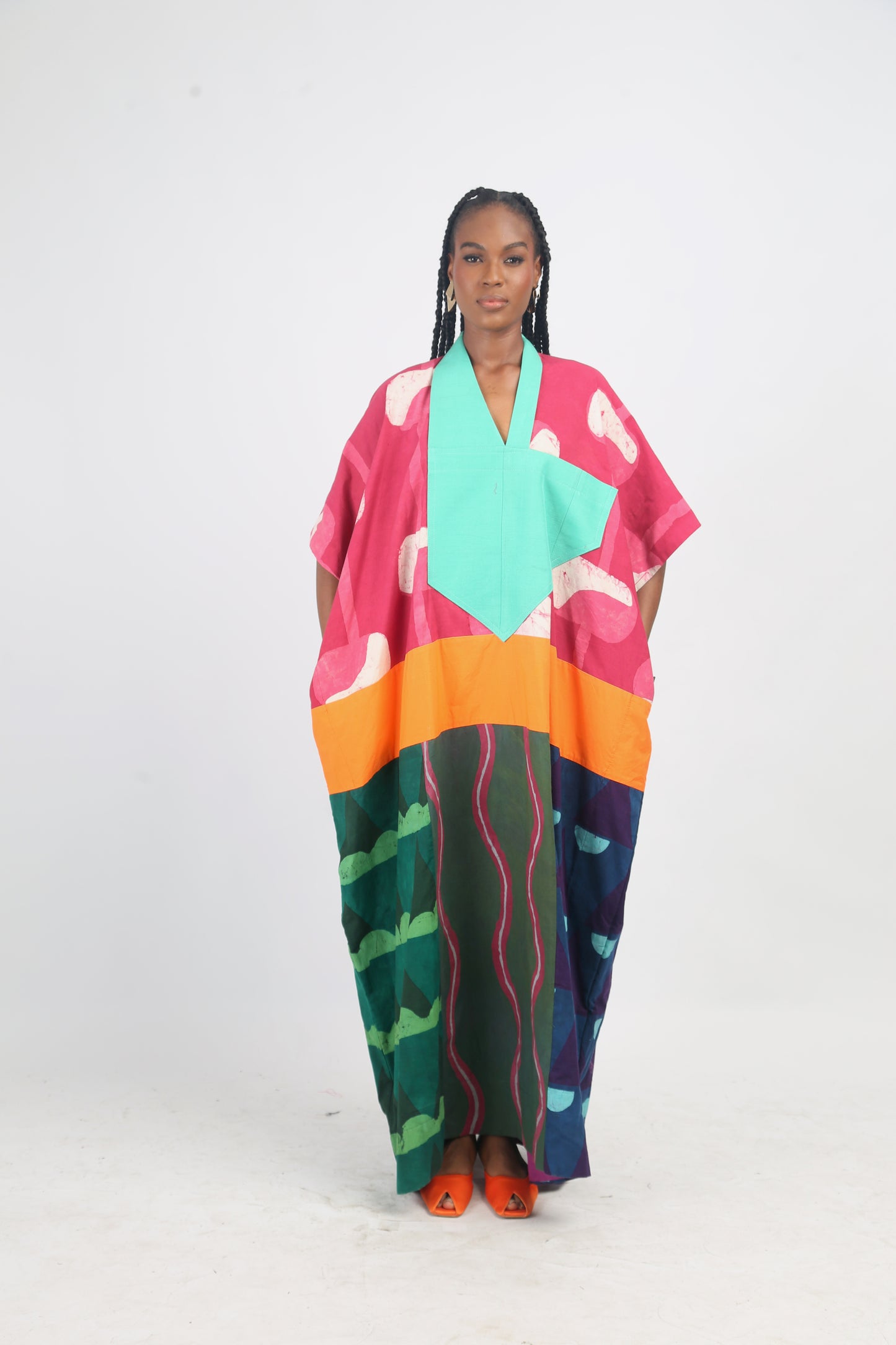 WHITE, PINK AND PINK MULTICOLOURED AGBADA WITH SEAGREEN ASO-OKE