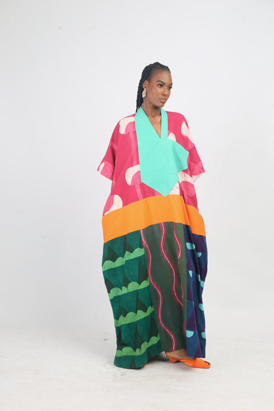 WHITE, PINK AND PINK MULTICOLOURED AGBADA WITH SEAGREEN ASO-OKE