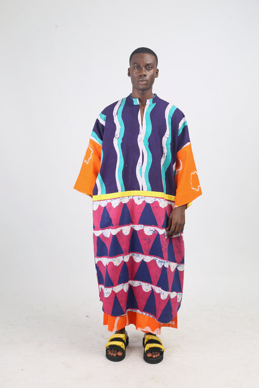 WHITE, PINK AND TEAL MULTICOLOURED KAFTAN WITH YELLOW  OUTLINE