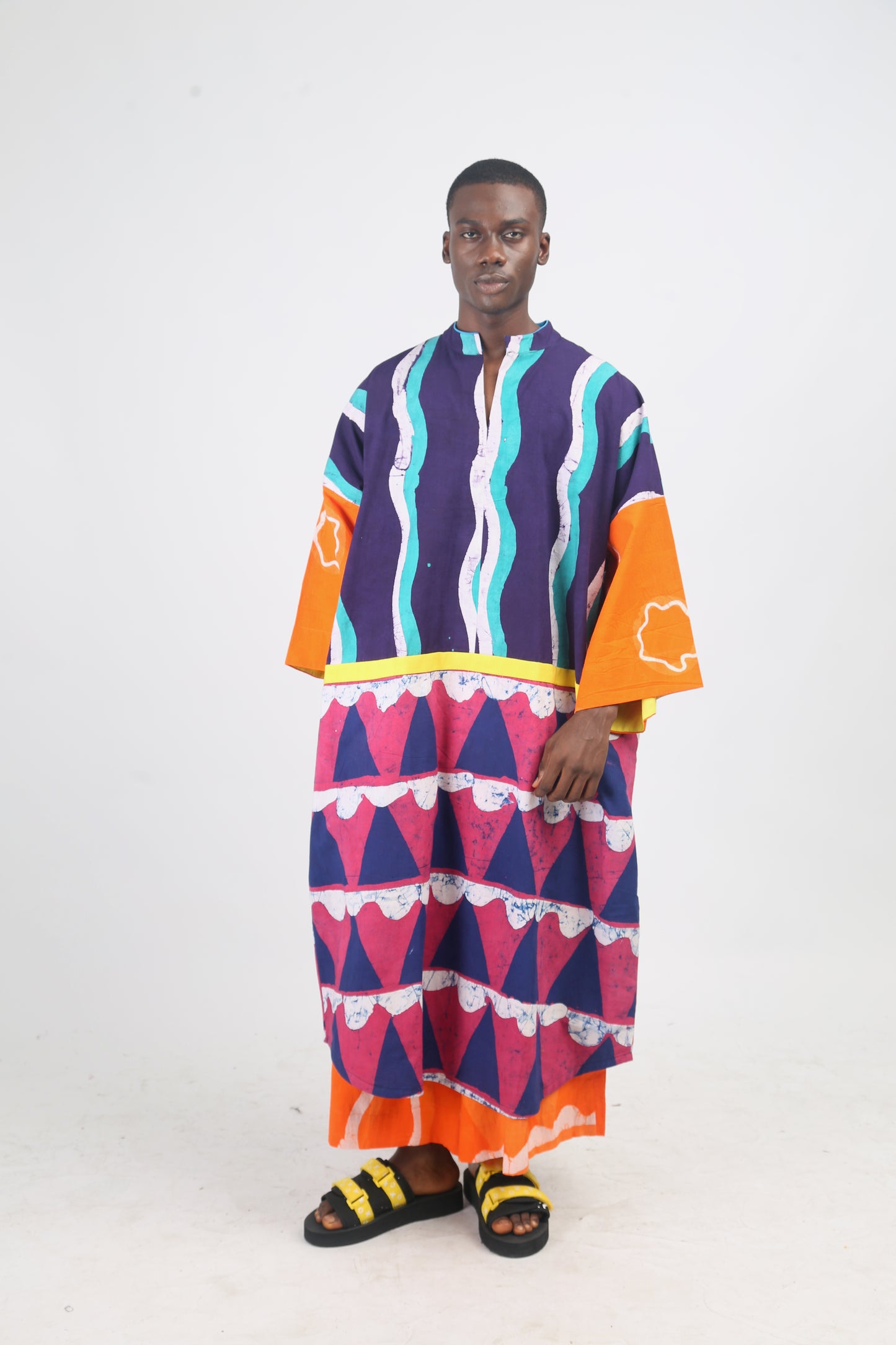 WHITE, PINK AND TEAL MULTICOLOURED KAFTAN WITH YELLOW  OUTLINE