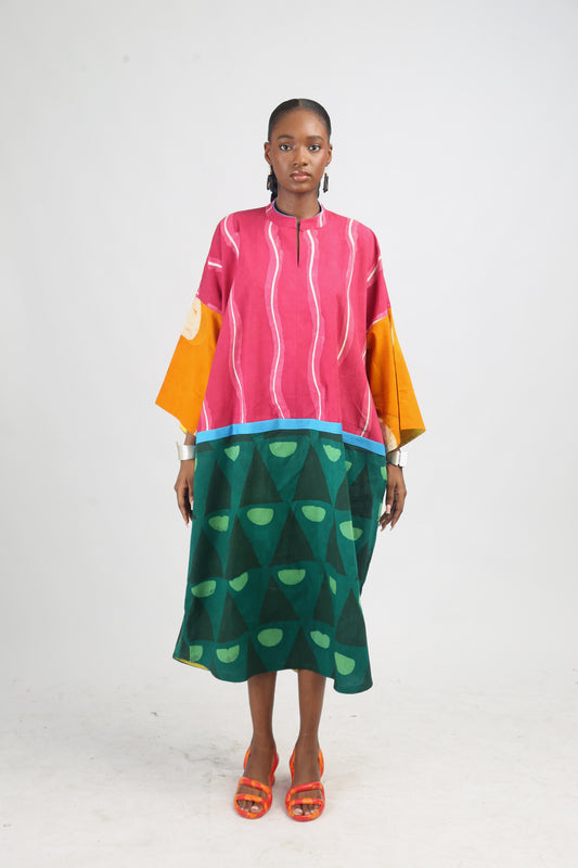 WHITE, PINK AND PINK MULTICOLOURED KAFTAN WITH TURQUOISE BLUE ASOOKE