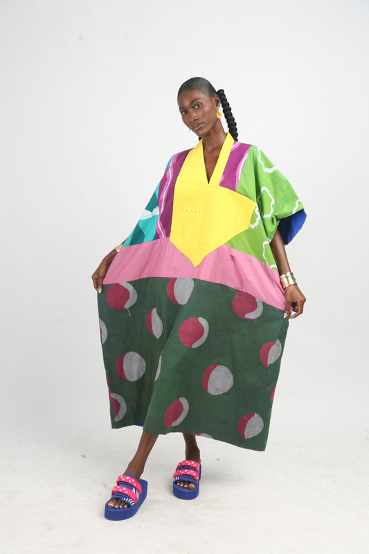 BRIGHT MULTICOLOURED AGBADA WITH GREY, PINK AND OLIVE BOTTOM, WITH YELLOW ASOOKE