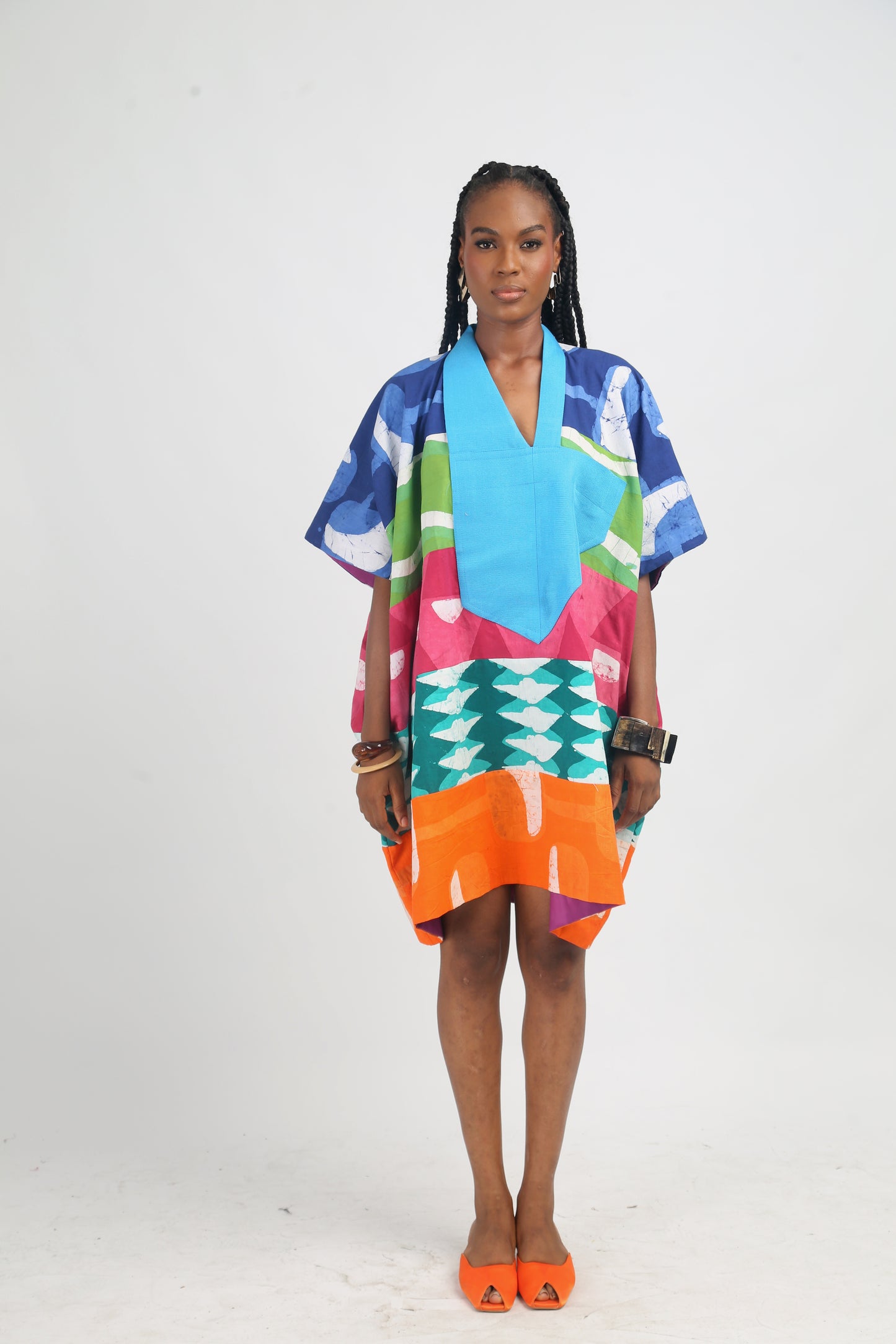BLUE AND WHITE MULTICOLOURED MINI AGBADA WITH TURQUOISE BLUE ASOOKE