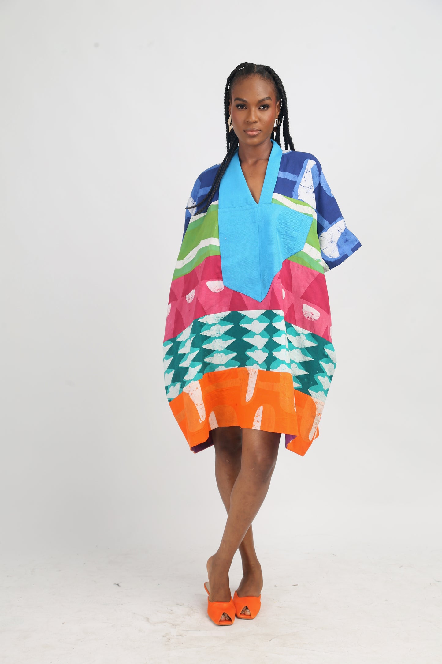 BLUE AND WHITE MULTICOLOURED MINI AGBADA WITH TURQUOISE BLUE ASOOKE