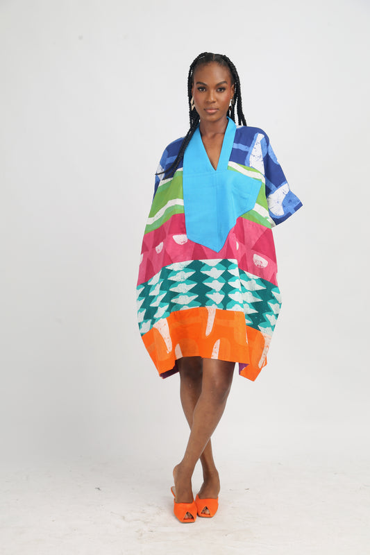 BLUE AND WHITE MULTICOLOURED MINI AGBADA WITH TURQUOISE BLUE ASOOKE