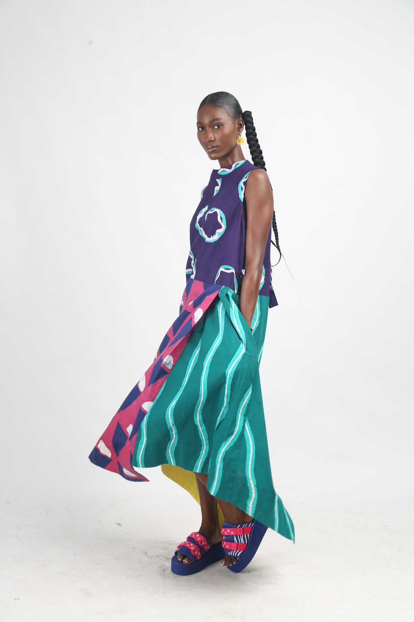 WHITE, PINK AND TEAL MULTICOLOURED MIDI IRO DRESS