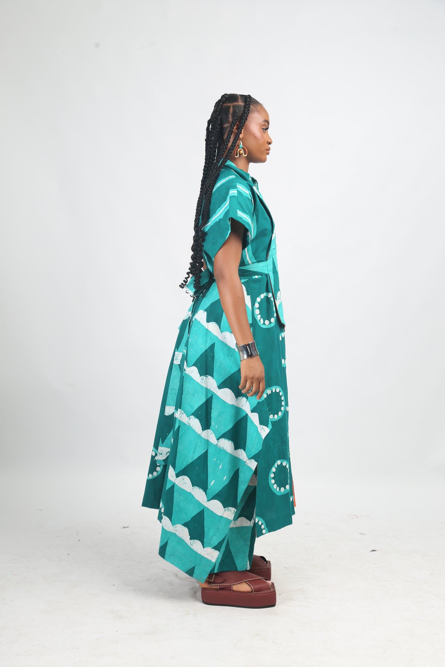 WHITE, SEAGREEN AND GREEN MULTIPRINT SLEEVELESS SHIRT DRESS