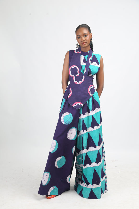 WHITE SEAGREEN AND PURPLE MULTIPRINT JUMPSUIT