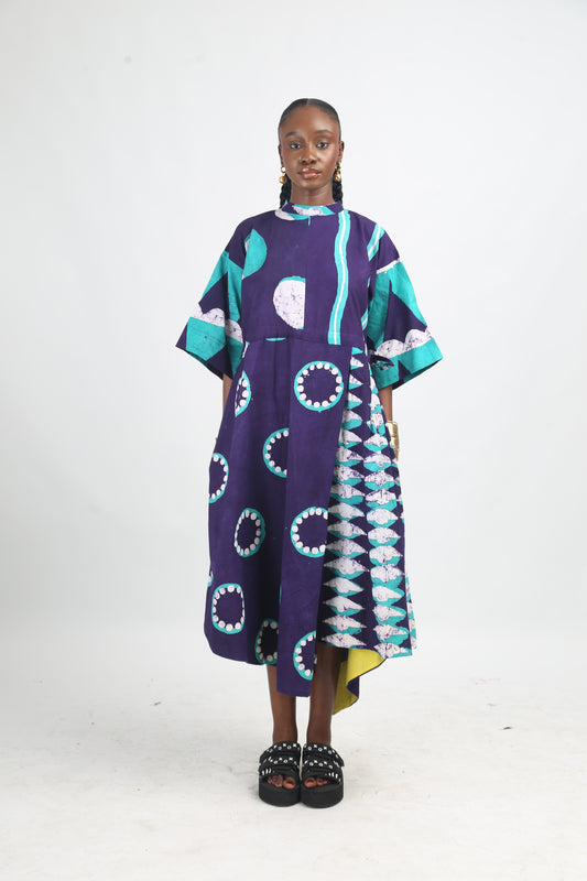 WHITE SEAGREEN AND PURPLE MULTIPRINT MIDI IRO DRESS