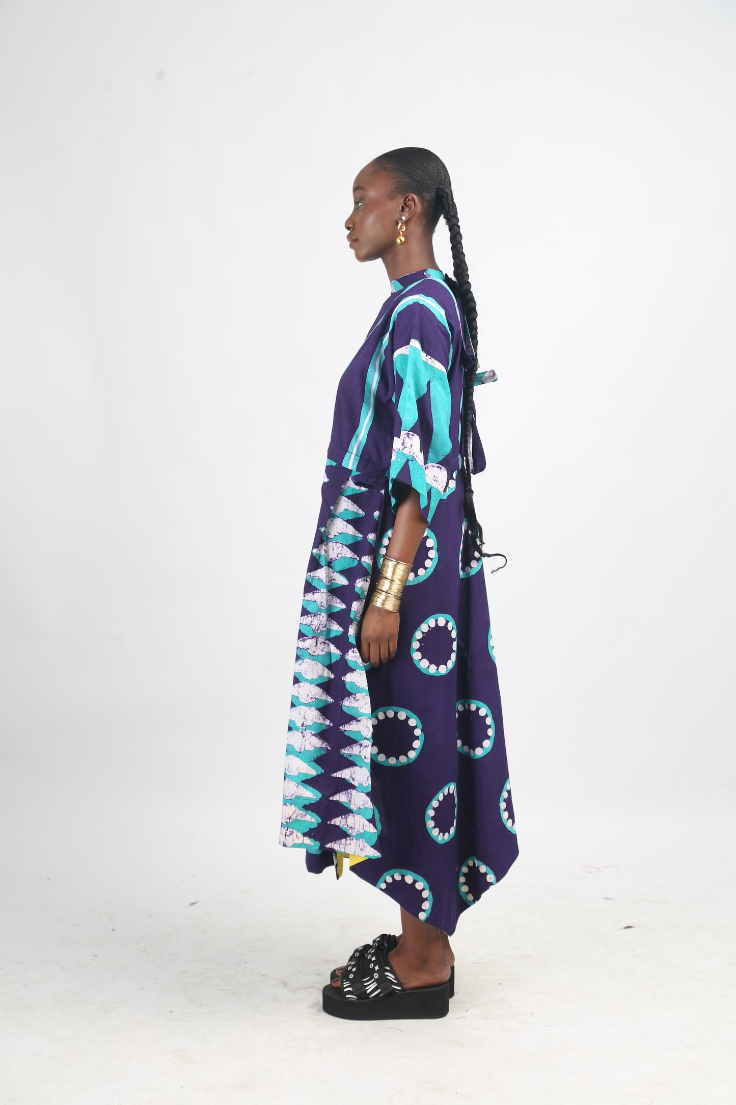 WHITE SEAGREEN AND PURPLE MULTIPRINT MIDI IRO DRESS