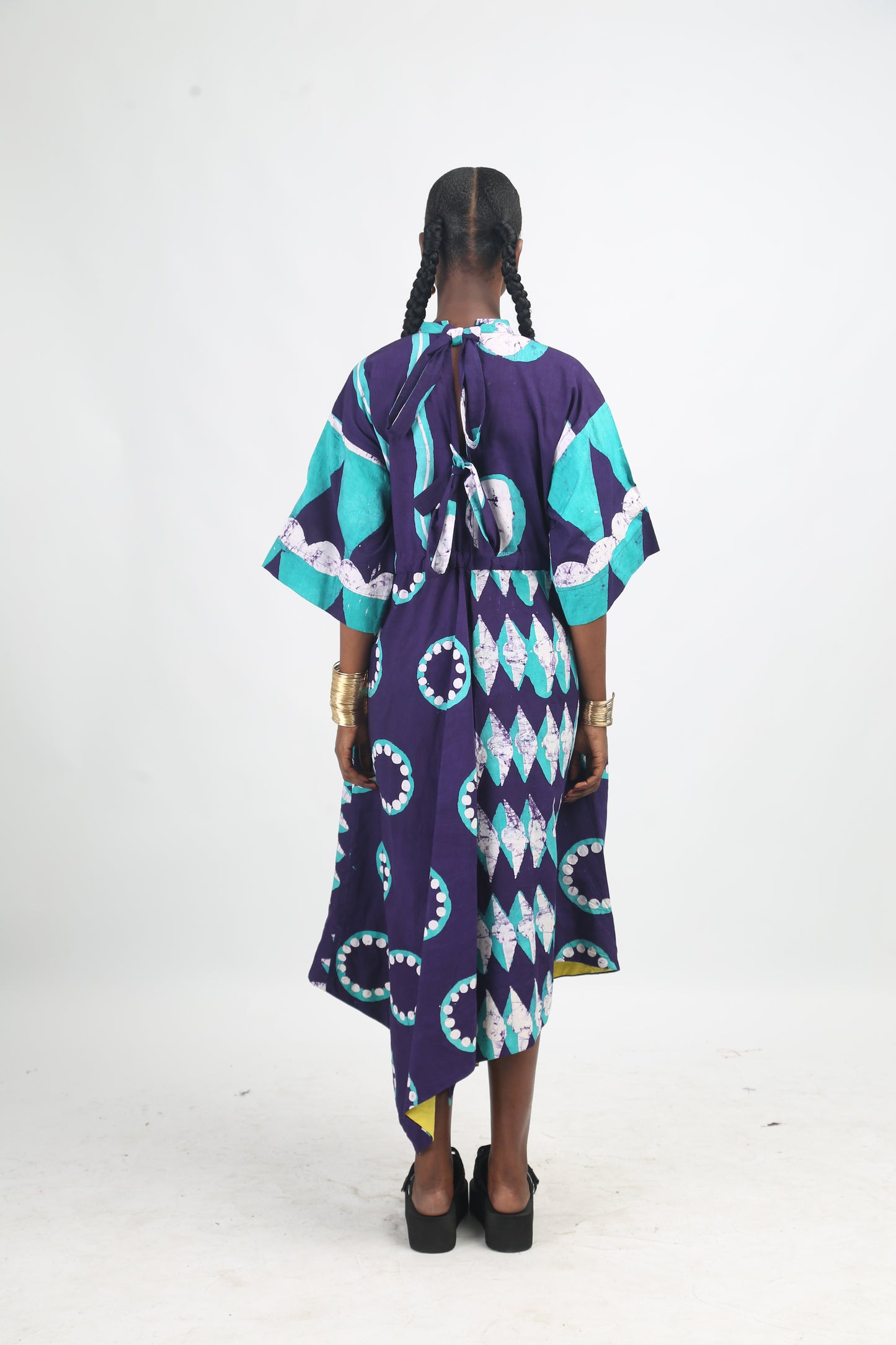 WHITE SEAGREEN AND PURPLE MULTIPRINT MIDI IRO DRESS