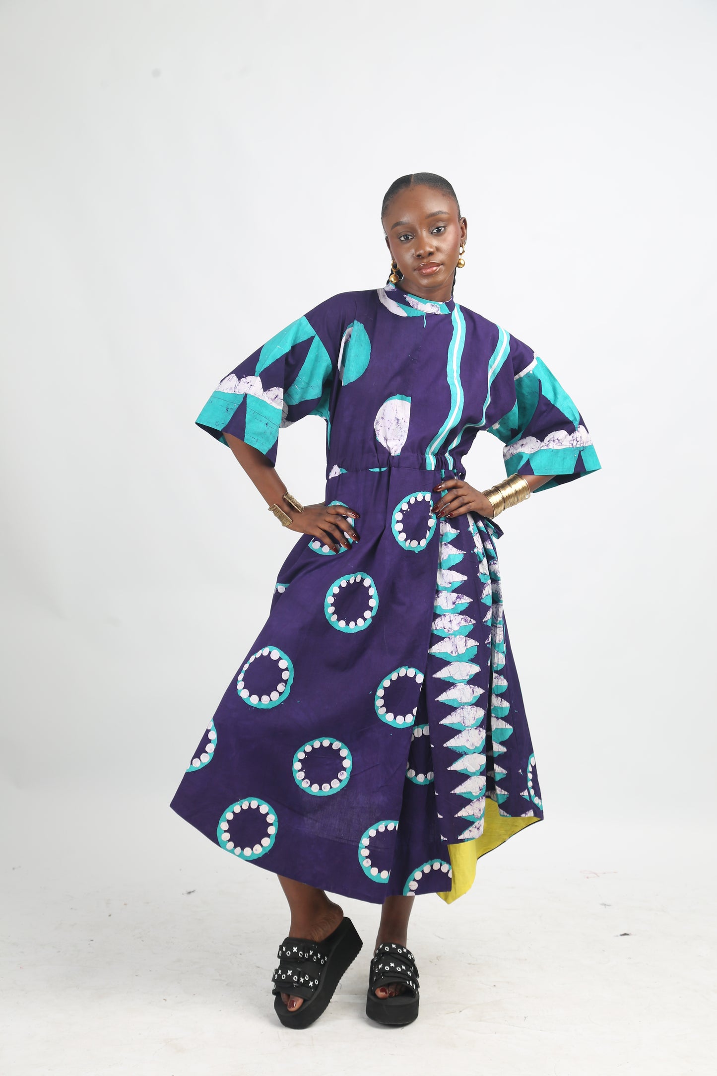 WHITE SEAGREEN AND PURPLE MULTIPRINT MIDI IRO DRESS