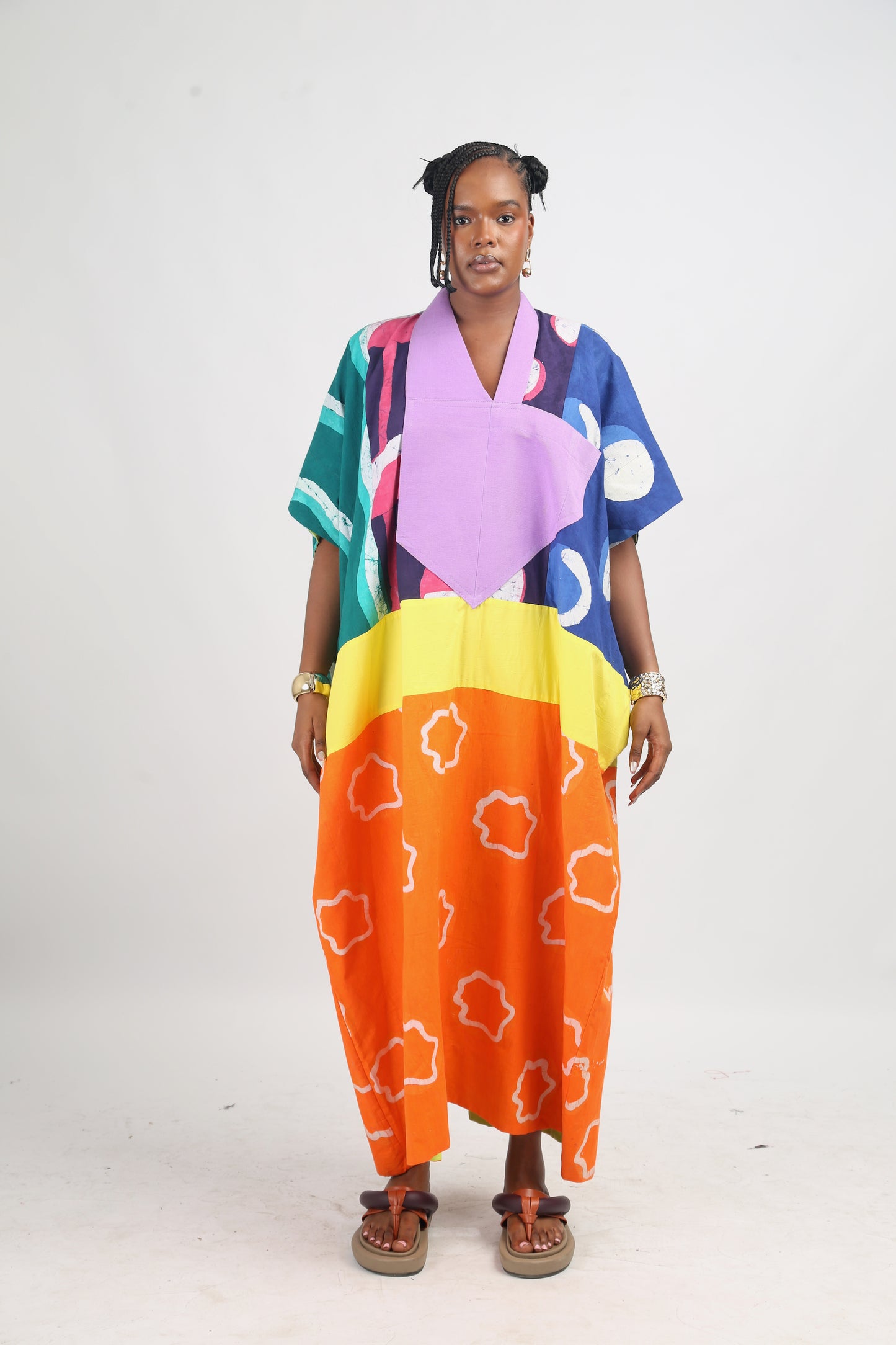 BRIGHT MULTICOLOURED AGBADA WITH TANGERINE AND WHITE BOTTOM WITH LILAC ASOOKE