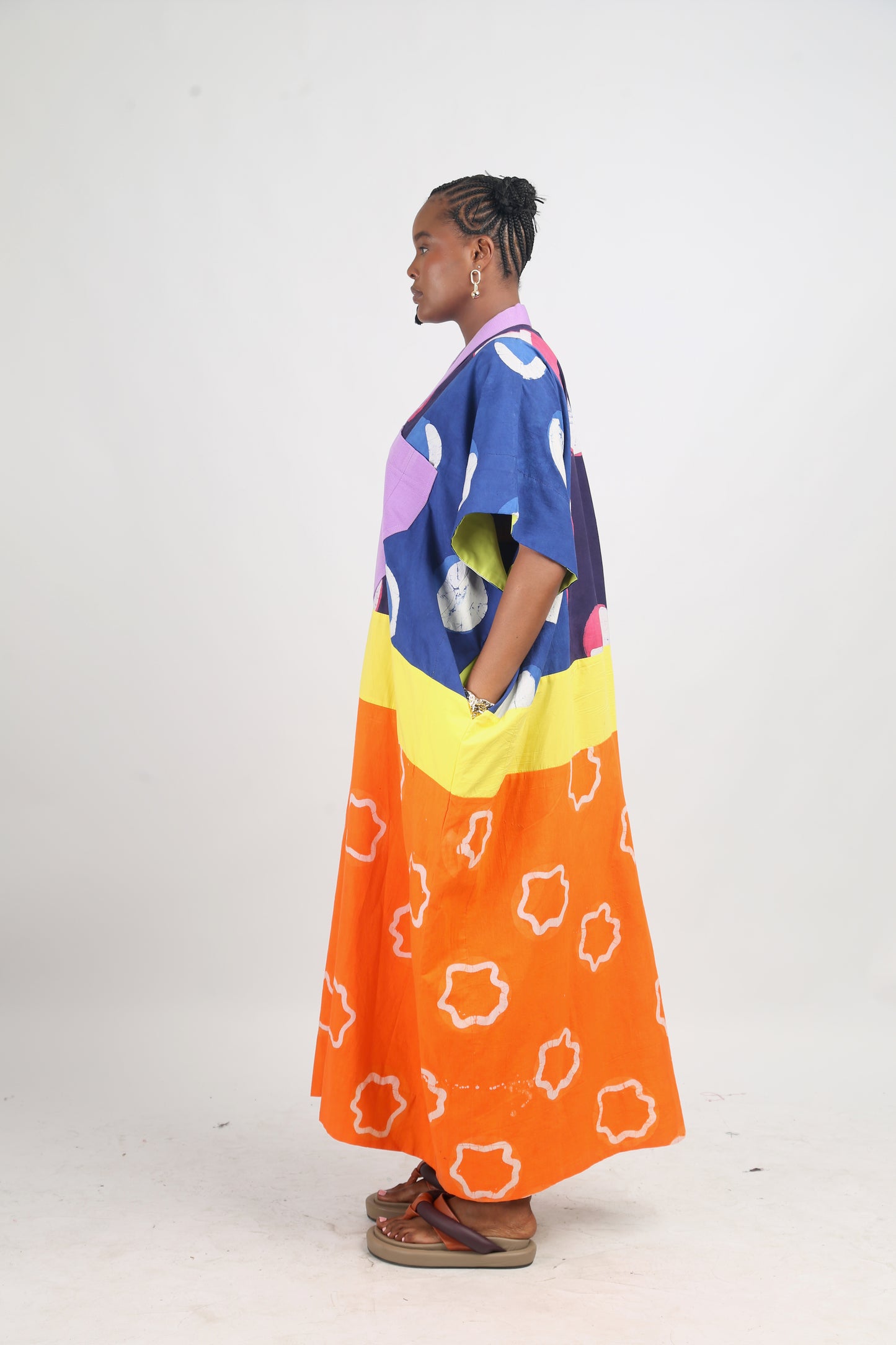 BRIGHT MULTICOLOURED AGBADA WITH TANGERINE AND WHITE BOTTOM WITH LILAC ASOOKE