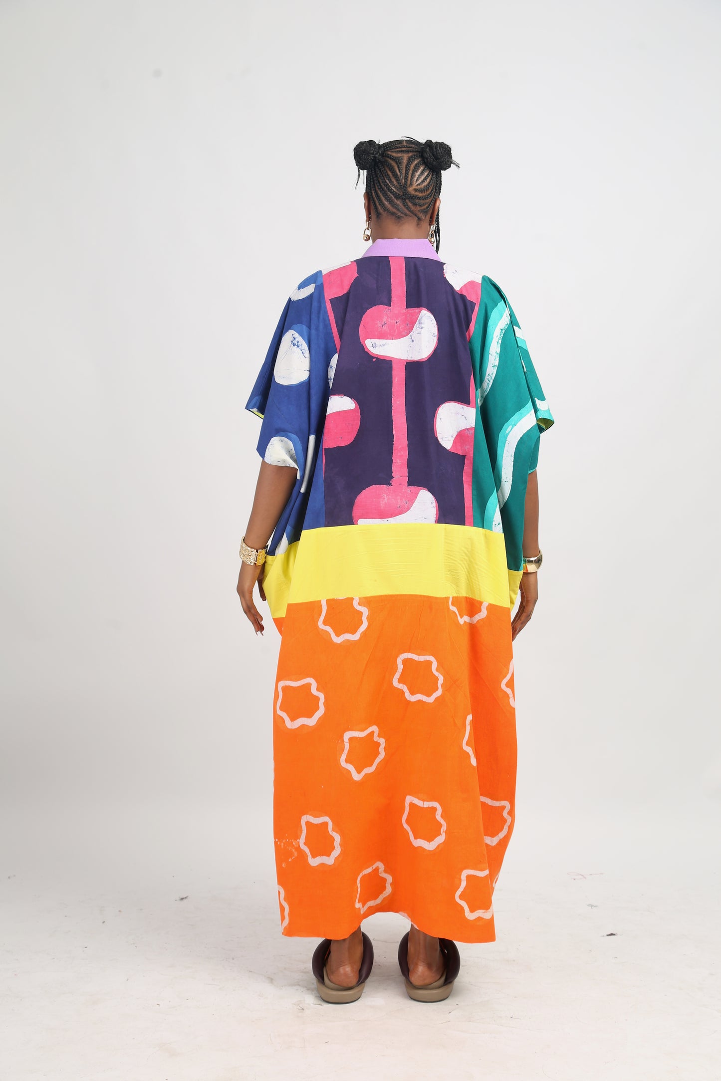 BRIGHT MULTICOLOURED AGBADA WITH TANGERINE AND WHITE BOTTOM WITH LILAC ASOOKE