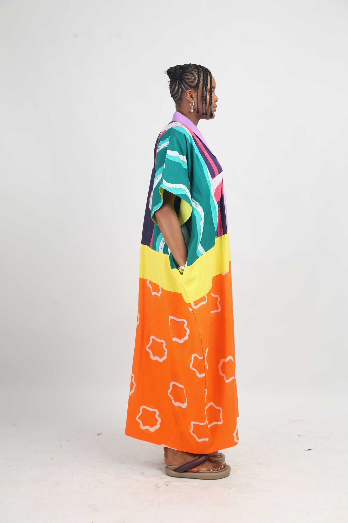 BRIGHT MULTICOLOURED AGBADA WITH TANGERINE AND WHITE BOTTOM WITH LILAC ASOOKE