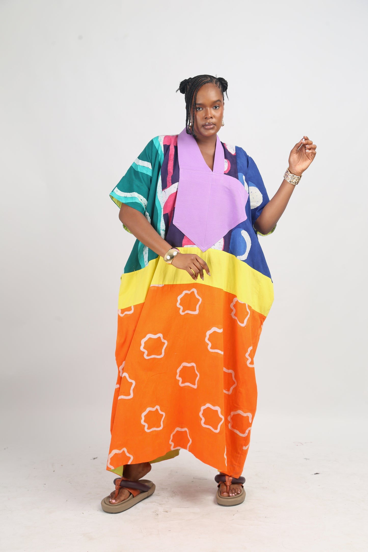BRIGHT MULTICOLOURED AGBADA WITH TANGERINE AND WHITE BOTTOM WITH LILAC ASOOKE