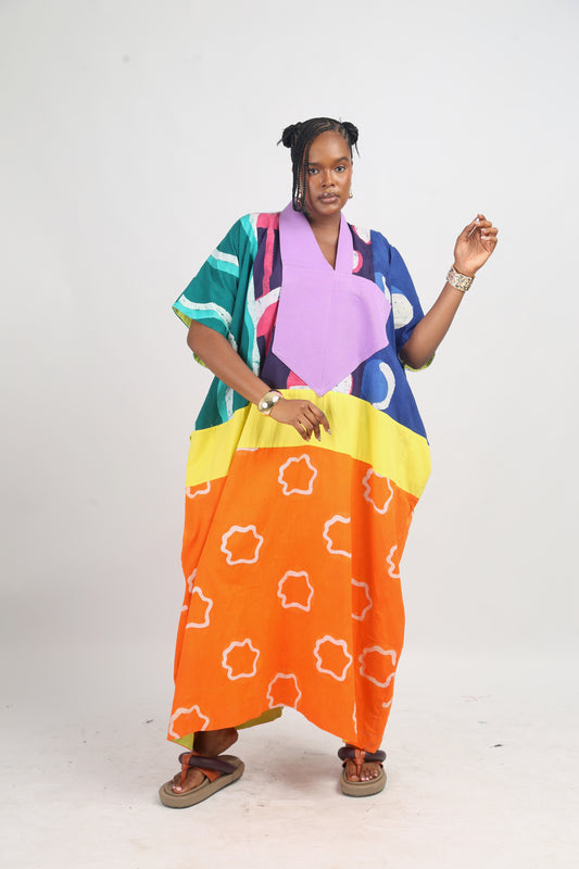 BRIGHT MULTICOLOURED AGBADA WITH TANGERINE AND WHITE BOTTOM WITH LILAC ASOOKE