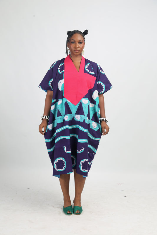 WHITE SEAGREEN AND PURPLE MULTIPRINT MIDI AGBADA WITH FUCHSIA PINK ASOOKE