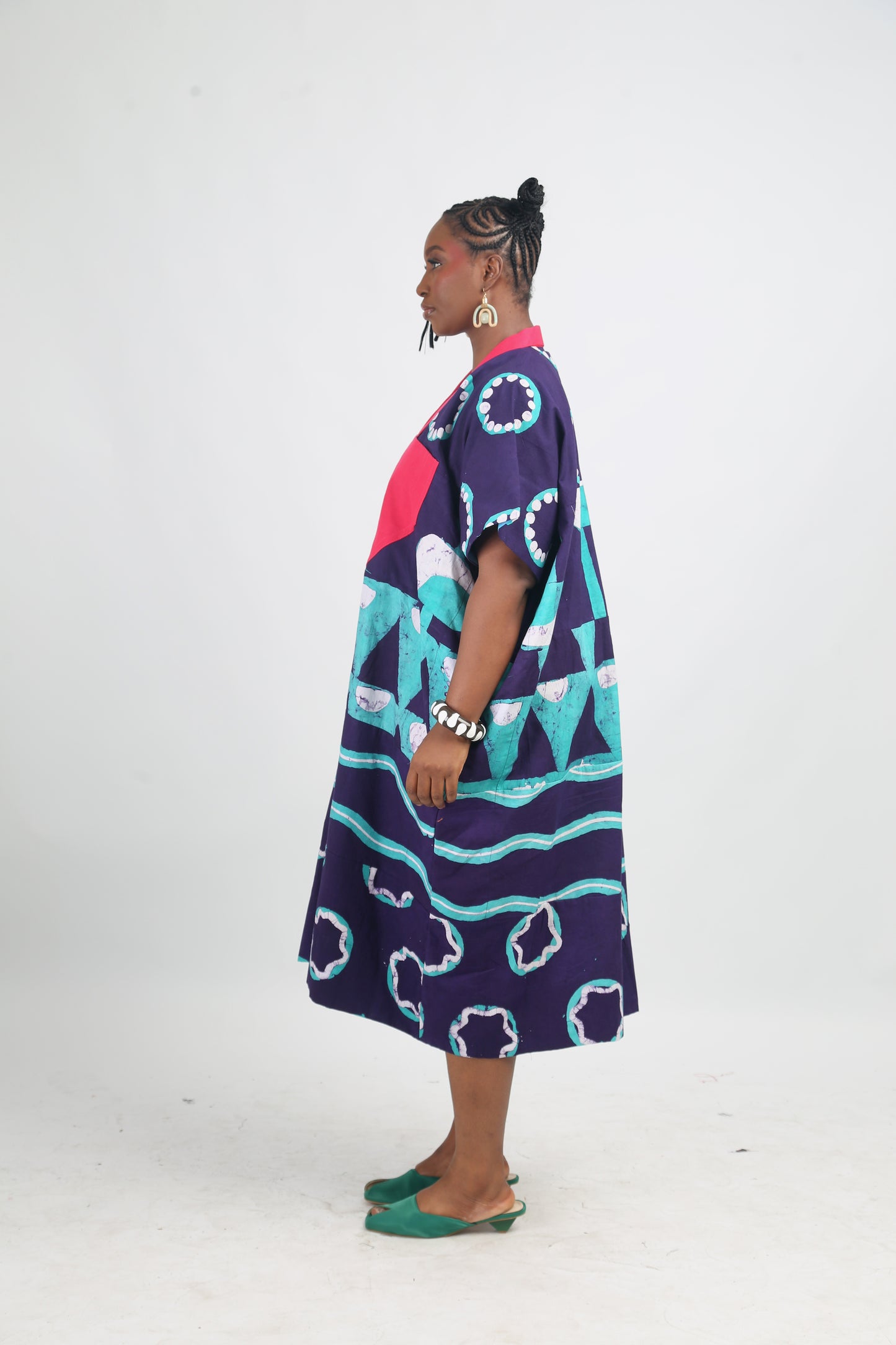 WHITE SEAGREEN AND PURPLE MULTIPRINT MIDI AGBADA WITH FUCHSIA PINK ASOOKE