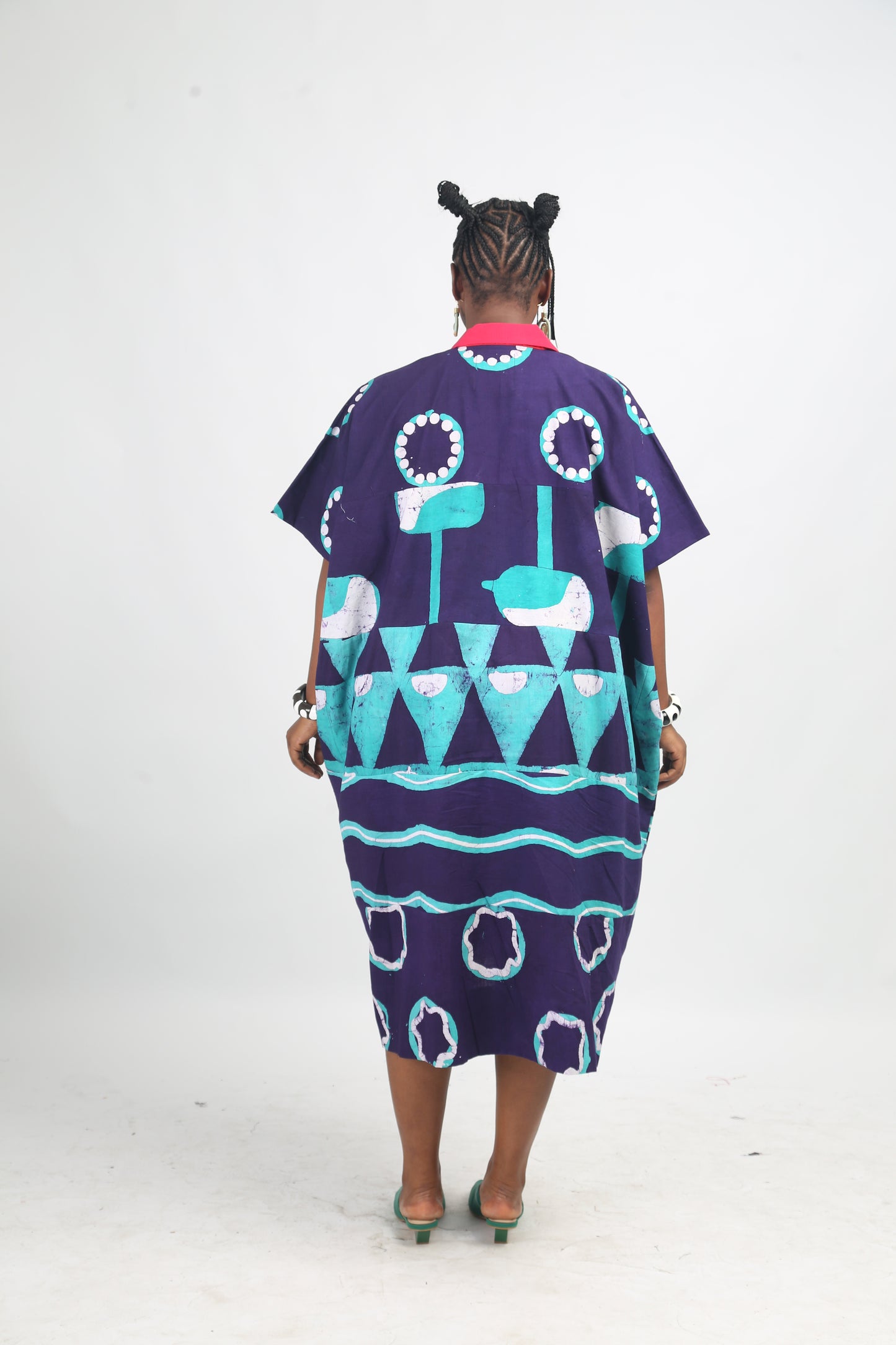 WHITE SEAGREEN AND PURPLE MULTIPRINT MIDI AGBADA WITH FUCHSIA PINK ASOOKE